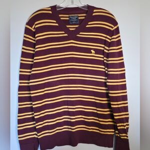 Abercrombie & Fitch Men's Maroon and Yellow Striped V-Neck Sweater, Y2K